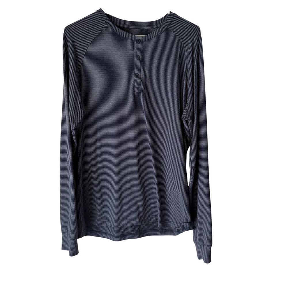 01. ALGO Shirt Mens Large Blue Striped Long Sleeve‎ Performance Henley UPF 40